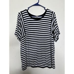 Chicos Size 1 US 8 Black And White Stripe Tee Slouchy Soft Stretchy Pullover